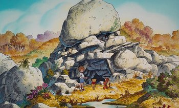 Movie still from “Pooh's Grand Adventure: The Search for Christopher Robin” (1997), directed by Karl Geurs – A painting of a cave with a person standing in it; Extreme Wide shot, High angle