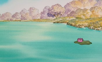Movie still from “Pooh's Grand Adventure: The Search for Christopher Robin” (1997), directed by Karl Geurs – A painting of a lake with a pink flower floating on it; Extreme Wide shot, High angle