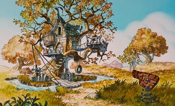 Movie still from “Pooh's Grand Adventure: The Search for Christopher Robin” (1997), directed by Karl Geurs – An artistic painting of a tree house with a river in the background; Extreme Wide shot, Low angle
