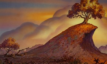 Movie still from “Pooh's Grand Adventure: The Search for Christopher Robin” (1997), directed by Karl Geurs – A painting of a tree on top of a hill; Extreme Wide shot, Low angle
