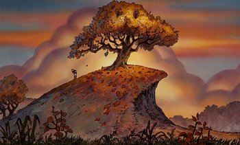 Movie still from “Pooh's Grand Adventure: The Search for Christopher Robin” (1997), directed by Karl Geurs – A painting of a tree on top of a hill; Extreme Wide shot, Low angle