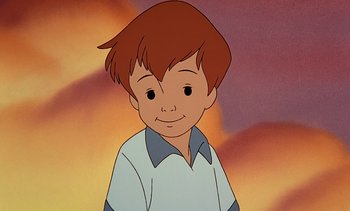 Movie still from “Pooh's Grand Adventure: The Search for Christopher Robin” (1997), directed by Karl Geurs – A cartoon of a young boy smiling for the camera; Close Up shot, High angle