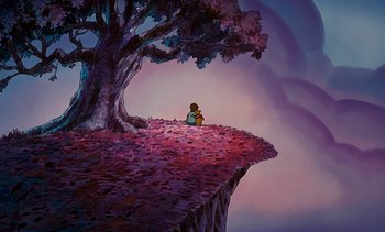 Movie still from “Pooh's Grand Adventure: The Search for Christopher Robin” (1997), directed by Karl Geurs – A painting of winnie the pooh sitting under a tree; Extreme Wide shot, High angle