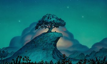 Movie still from “Pooh's Grand Adventure: The Search for Christopher Robin” (1997), directed by Karl Geurs – A tree sitting on top of a mountain under a cloudy sky; Extreme Wide shot, Low angle
