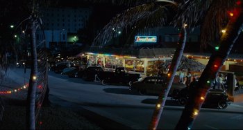 Movie still from “Porky's” (1981), directed by Bob Clark – An image of cars parked on the side of the road at night; Extreme Wide shot, High angle