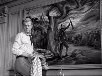 Movie still from “Portrait of Jennie” (1948), directed by William Dieterle – A man holding a tray in front of a painting; Medium shot, Low angle