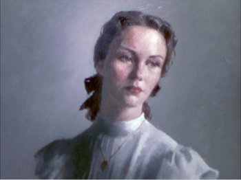 Movie still from “Portrait of Jennie” (1948), directed by William Dieterle – A woman in a white shirt and a red bow in her hair; Close Up shot, High angle