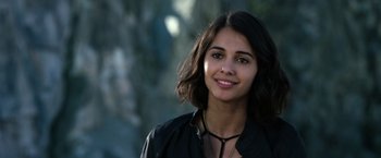 Movie still from “Power Rangers” (2017), directed by Dean Israelite – A beautiful young lady wearing a black shirt; Close Up shot, Over the shoulder angle