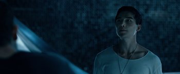 Movie still from “Power Rangers” (2017), directed by Dean Israelite – A man standing in the dark looking up at the sky; Close Up shot, Over the shoulder angle