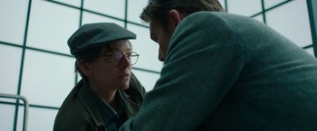 Movie still from “Predestination” (2014), directed by Michael Spierig – A man and a woman talking to each other; Close Up shot, Over the shoulder angle