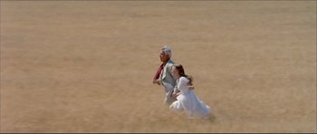 Movie still from “Prime Cut” (1972), directed by Michael Ritchie – An older man and a young woman running in a field; Wide shot, High angle