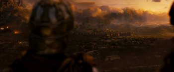 Movie still from “Prince of Persia: The Sands of Time” (2010), directed by Mike Newell – A view of a city from a helicopter at sunset; Extreme Wide shot, High angle