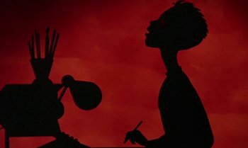 Movie still from “Princes and Princesses” (2000), directed by Michel Ocelot – A silhouette of a person holding a microphone; Extreme Close Up shot, Low angle