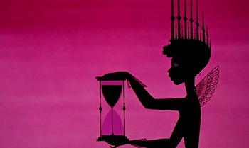 Movie still from “Princes and Princesses” (2000), directed by Michel Ocelot – A woman holding a clock in front of a purple background; Medium shot, Low angle