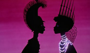 Movie still from “Princes and Princesses” (2000), directed by Michel Ocelot – A couple of people that are standing next to each other; Close Up shot, Low angle