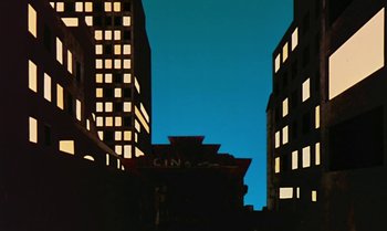 Movie still from “Princes and Princesses” (2000), directed by Michel Ocelot – A view of a city at night from the ground; Extreme Wide shot, Low angle