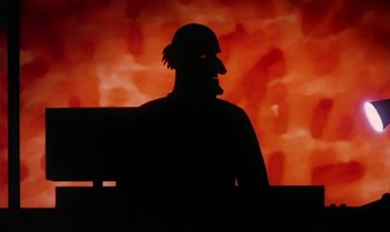 Movie still from “Princes and Princesses” (2000), directed by Michel Ocelot – A man is standing on a park bench in front of a red background; Medium shot, Low angle