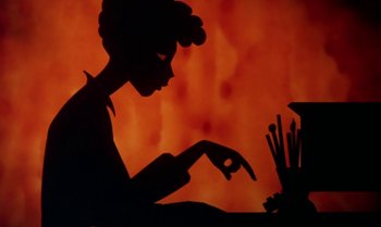 Movie still from “Princes and Princesses” (2000), directed by Michel Ocelot – A shadow of a woman holding a bunch of toothbrushes; Extreme Close Up shot, Overhead angle