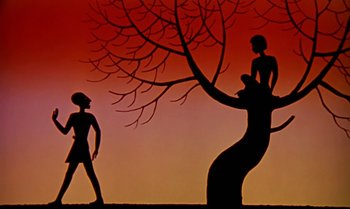 Movie still from “Princes and Princesses” (2000), directed by Michel Ocelot – A silhouette of a man standing next to a tree; Wide shot, Low angle