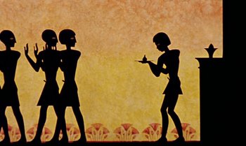 Movie still from “Princes and Princesses” (2000), directed by Michel Ocelot – An image of a man holding a knife in front of two other men; Extreme Close Up shot, Low angle