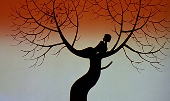 Movie still from “Princes and Princesses” (2000), directed by Michel Ocelot – A painting of a tree with a person sitting on it's back; Wide shot, Low angle