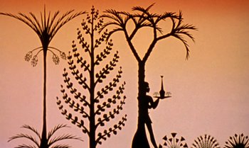 Movie still from “Princes and Princesses” (2000), directed by Michel Ocelot – A silhouette of a person holding a wine glass; Extreme Wide shot, Low angle