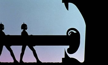 Movie still from “Princes and Princesses” (2000), directed by Michel Ocelot – A silhouette of a person holding a large object; Extreme Wide shot, Low angle
