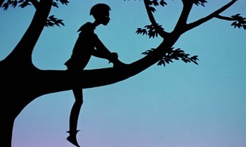 Movie still from “Princes and Princesses” (2000), directed by Michel Ocelot – A person sitting on a branch of a tree; Wide shot, Low angle