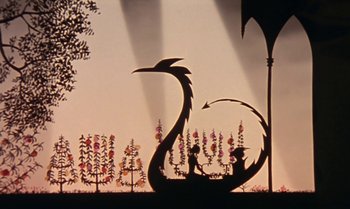 Movie still from “Princes and Princesses” (2000), directed by Michel Ocelot – A silhouette of a dragon with a girl sitting on it; Extreme Wide shot, Low angle