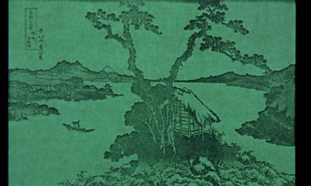 Movie still from “Princes and Princesses” (2000), directed by Michel Ocelot – A painting of a tree with a house on it; Extreme Close Up shot, Overhead angle