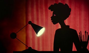 Movie still from “Princes and Princesses” (2000), directed by Michel Ocelot – A shadow of a person sitting at a table with a lamp; Close Up shot, Low angle