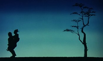 Movie still from “Princes and Princesses” (2000), directed by Michel Ocelot – A bare tree in the middle of the night; Extreme Wide shot, Low angle
