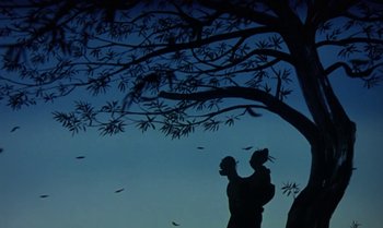 Movie still from “Princes and Princesses” (2000), directed by Michel Ocelot – A man and a child standing next to a tree; Extreme Wide shot, Low angle