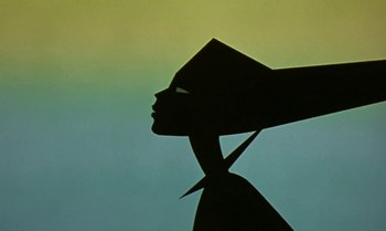 Movie still from “Princes and Princesses” (2000), directed by Michel Ocelot – A woman's face is shown in a shadow; Extreme Close Up shot, Low angle