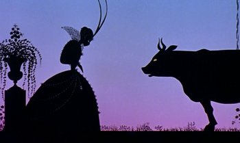 Movie still from “Princes and Princesses” (2000), directed by Michel Ocelot – An image of a fairy and a bull; Wide shot, Low angle