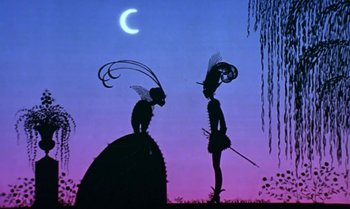 Movie still from “Princes and Princesses” (2000), directed by Michel Ocelot – A couple of people standing next to each other on top of a hill; Wide shot, Low angle