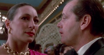 Movie still from “Prizzi's Honor” (1985), directed by John Huston – A man and a woman talking to each other; Close Up shot, Over the shoulder angle