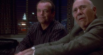 Movie still from “Prizzi's Honor” (1985), directed by John Huston – Two men sitting at a table in front of a window; Close Up shot, Over the shoulder angle