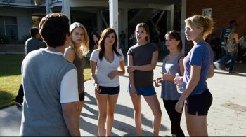 Movie still from “Project X” (2012), directed by Nima Nourizadeh – A group of young people standing on a sidewalk; Medium shot, Over the shoulder angle