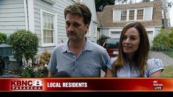 Movie still from “Project X” (2012), directed by Nima Nourizadeh – A man and a woman standing next to each other in front of a house; Close Up shot, Low angle