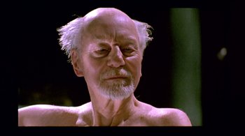 Movie still from “Prospero's Books” (1991), directed by Peter Greenaway – An old man with a white beard is looking at the camera; Close Up shot, Low angle