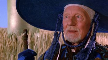 Movie still from “Prospero's Books” (1991), directed by Peter Greenaway – An old man with a hat and a sword in his hand; Close Up shot, Over the shoulder angle