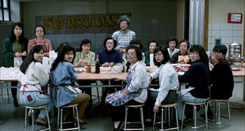 Movie still from “Pushing Hands” (1991), directed by Ang Lee – A group of people sitting at a table with food; Wide shot, High angle