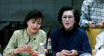 Movie still from “Pushing Hands” (1991), directed by Ang Lee – Two women sitting next to each other at a table; Medium shot, High angle