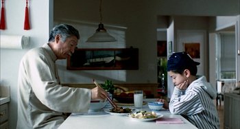 Movie still from “Pushing Hands” (1991), directed by Ang Lee – An older man and a young boy sitting at a table; Medium shot, Over the shoulder angle