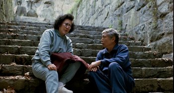 Movie still from “Pushing Hands” (1991), directed by Ang Lee – A man and a woman sitting on some steps; Wide shot, High angle