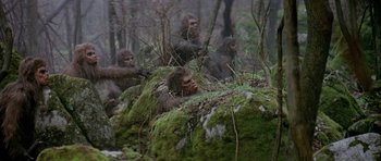 Movie still from “Quest for Fire” (1981), directed by Jean-Jacques Annaud – A group of people that are standing in the grass; Wide shot, High angle
