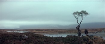 Movie still from “Quest for Fire” (1981), directed by Jean-Jacques Annaud – A tree in the middle of a field near a body of water; Extreme Wide shot, Low angle