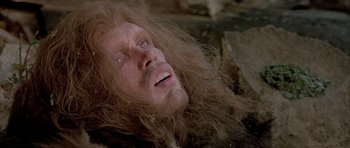 Movie still from “Quest for Fire” (1981), directed by Jean-Jacques Annaud – A person with long hair and a beard; Close Up shot, Overhead angle