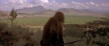Movie still from “Quest for Fire” (1981), directed by Jean-Jacques Annaud – An animal that is standing in the grass; Wide shot, High angle